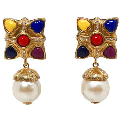 Pre-owned Escada Esacada 1990s Multicolor Hearts & Pearl Drop Gold-tone Clip-on Earrings