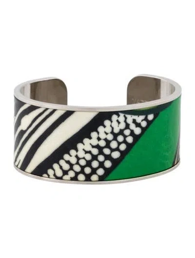 Pre-owned Escada Fabric Cuff Bracelet, 7" In Blac/green/white