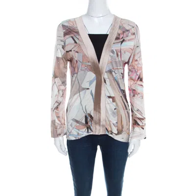 Escada Feather Brown Abstract Print Knit Button Front Soad Cardigan In Multi
