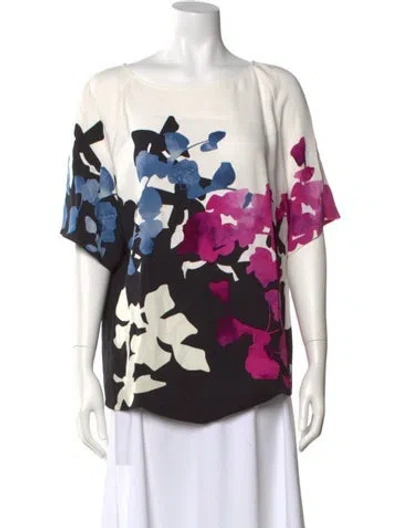 Pre-owned Escada Floral Print Bateau Neckline Blouse In White