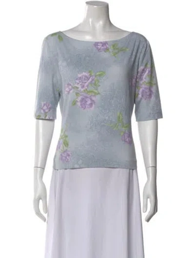 Pre-owned Escada Floral Print Bateau Neckline Top In Blue