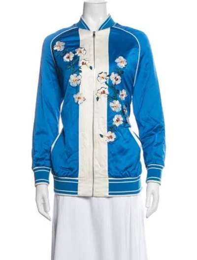 Pre-owned Escada Floral Print Bomber Jacket In Blue/white