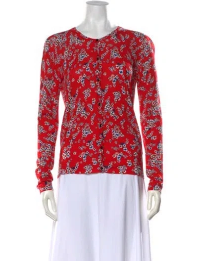 Pre-owned Escada Floral Print Crew Neck Button-up Top In Red