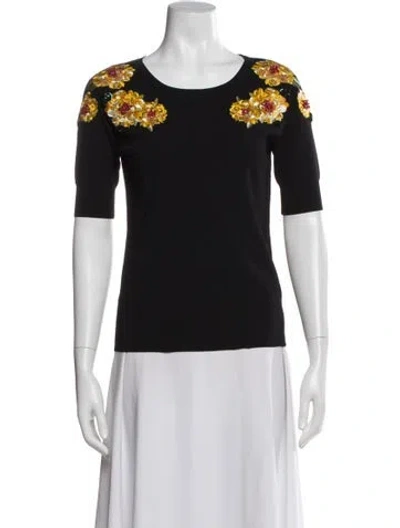 Pre-owned Escada Floral Print Crew Neck Top In Black