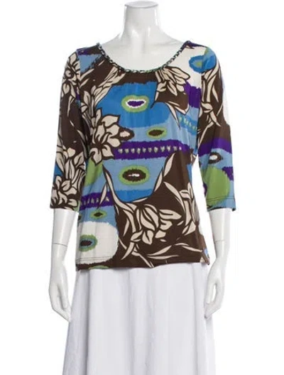 Pre-owned Escada Floral Print Crew Neck Top In Blue