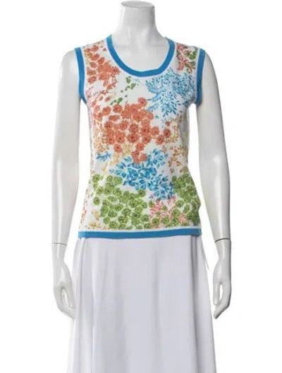Pre-owned Escada Floral Print Crew Neck Top In White