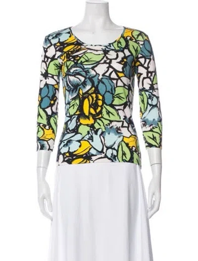 Pre-owned Escada Floral Print Crew Neck Top In White