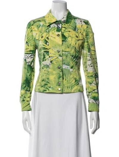 Pre-owned Escada Floral Print Denim Jacket In Green
