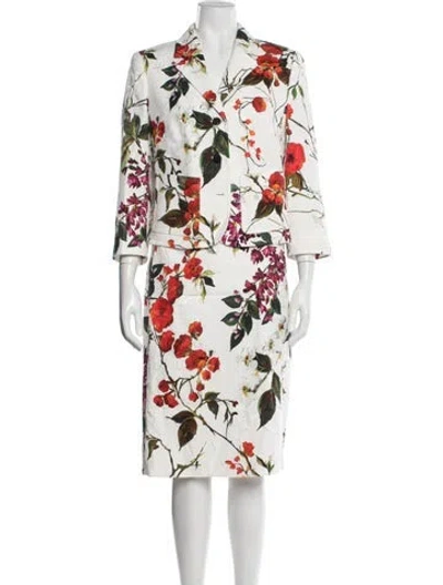 Pre-owned Escada Floral Print Embroidered Accent Skirt Suit In White