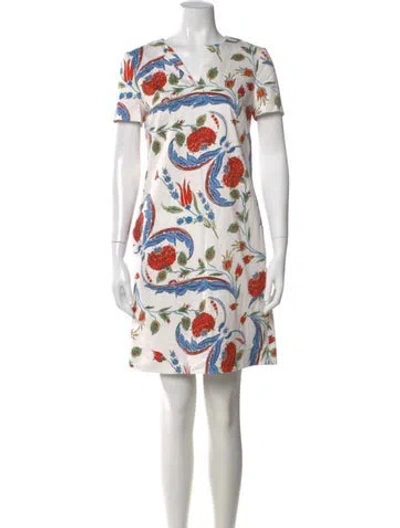 Pre-owned Escada Floral Print Knee-length Dress In White