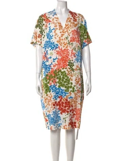 Pre-owned Escada Floral Print Knee-length Dress In White