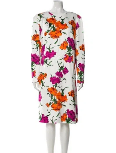 Pre-owned Escada Floral Print Midi Length Dress W/ Tags In White
