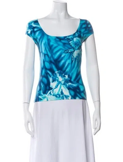 Pre-owned Escada Floral Print Scoop Neck Top In Blue
