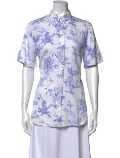 Pre-owned Escada Floral Print Short Sleeve Button-up Top In Blue/white