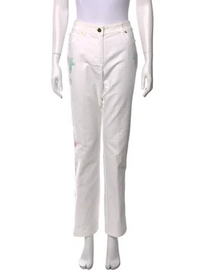 Pre-owned Escada Floral Print Straight Leg Pants In White
