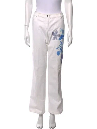 Pre-owned Escada Floral Print Straight Leg Pants In White