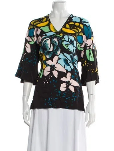 Pre-owned Escada Floral Print V-neck Blouse In Black