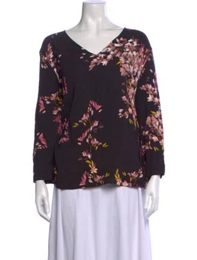 Pre-owned Escada Floral Print V-neck Blouse In Black