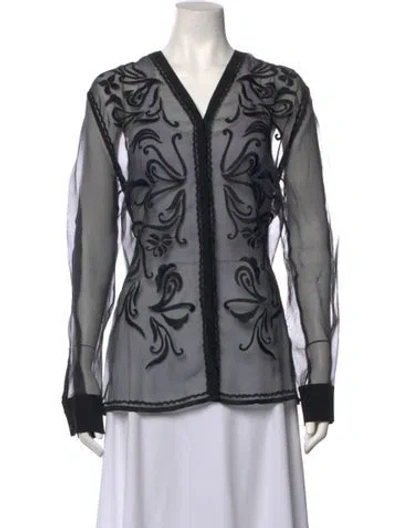 Pre-owned Escada Floral Print V-neck Blouse In Black