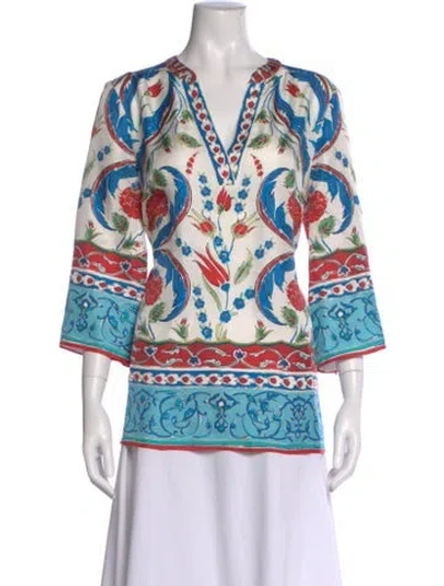Pre-owned Escada Floral Print V-neck Blouse In Blue