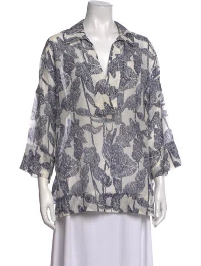 Pre-owned Escada Floral Print V-neck Blouse In Blue