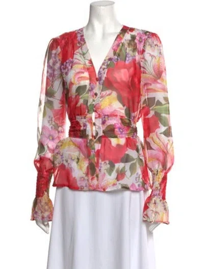 Pre-owned Escada Floral Print V-neck Blouse In Red
