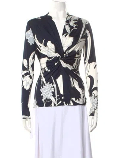 Pre-owned Escada Floral Print V-neck Blouse W/ Tags In Blue