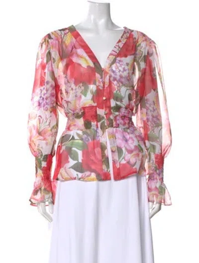 Pre-owned Escada Floral Print V-neck Blouse W/ Tags In Pink