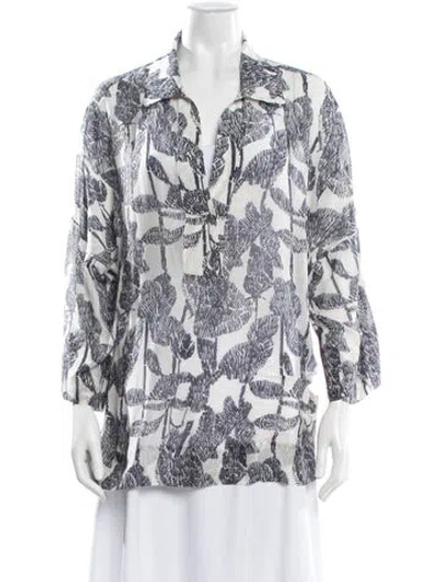 Pre-owned Escada Floral Print V-neck Blouse In White
