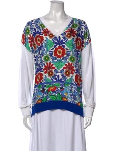 Pre-owned Escada Floral Print V-neck Top In Blue