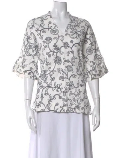 Pre-owned Escada Floral Print V-neck Top In White