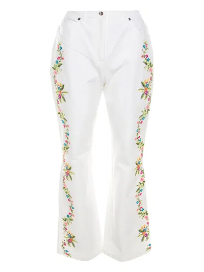 Pre-owned Escada Floral-embroidery Trousers In White