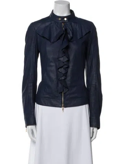 Pre-owned Escada Goat Leather Biker Jacket In Blue