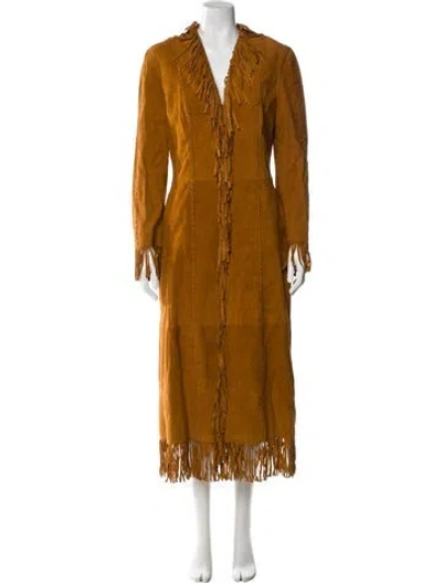 Pre-owned Escada Goat Leather Lace Pattern Trench Coat In Brown
