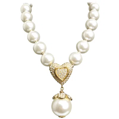 Pre-owned Escada Gold Toned Rhinestone Heart Shaped And Drop Clover Faux Pearls Necklace