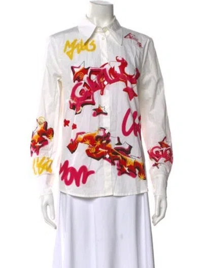 Pre-owned Escada Graphic Print Long Sleeve Blouse In White