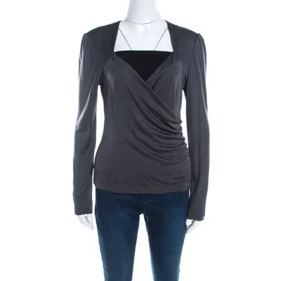 Escada Grey Silk Knit Ruched Crossover Front Long Sleeve Top In Gray