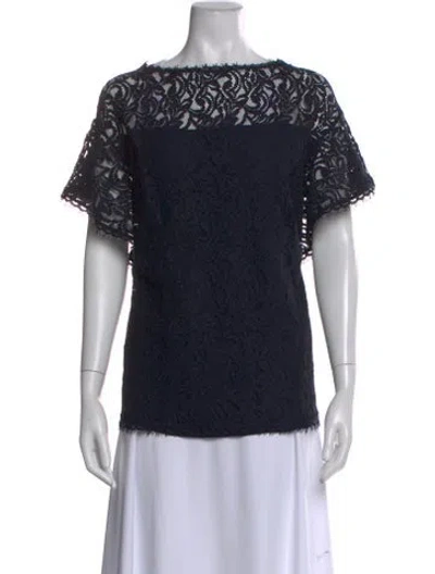 Pre-owned Escada Lace Pattern Crew Neck Blouse In Blue