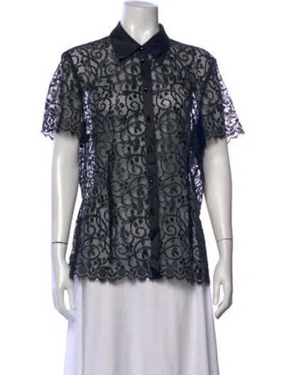 Pre-owned Escada Lace Pattern Short Sleeve Blouse In Black/white