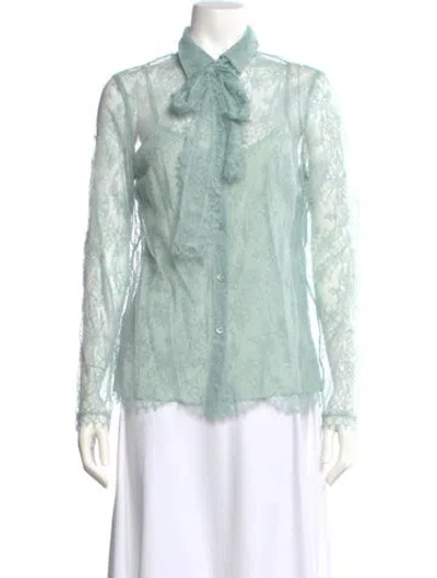 Pre-owned Escada Lace Pattern Tie Neck Blouse In Green
