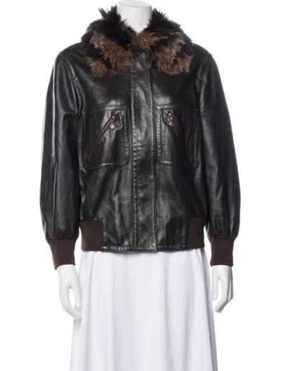 Pre-owned Escada Lamb Leather Bomber Jacket In Black