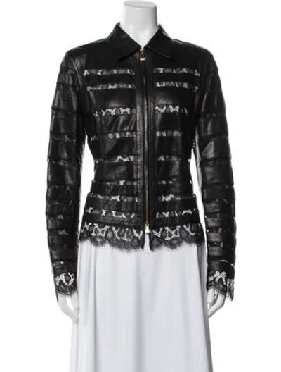Pre-owned Escada Lamb Leather Lace Pattern Jacket In Black