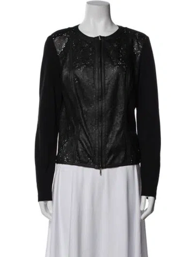 Pre-owned Escada Lamb Leather Lace Pattern Jacket In Blue