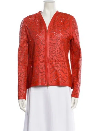 Pre-owned Escada Lamb Leather Lace Pattern Jacket In Red