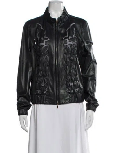 Pre-owned Escada Lamb Leather Patterned Bomber Jacket W/ Tags In Black
