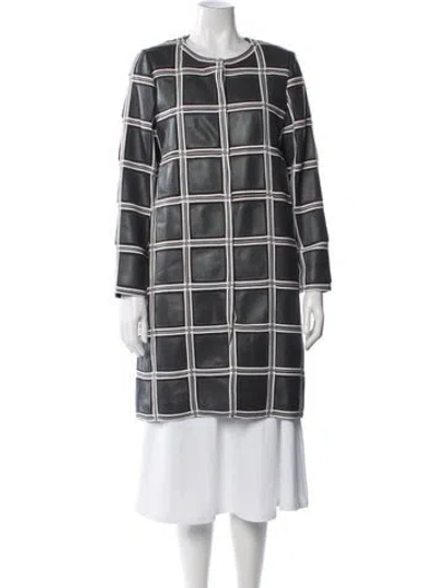Pre-owned Escada Lamb Leather Plaid Print Coat In Grey