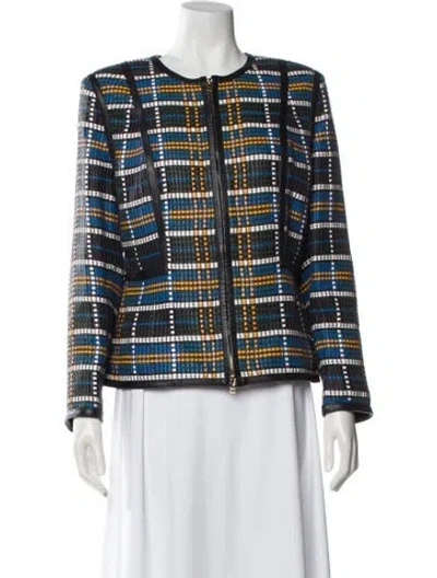 Pre-owned Escada Lamb Leather Plaid Print Evening Jacket In Blue