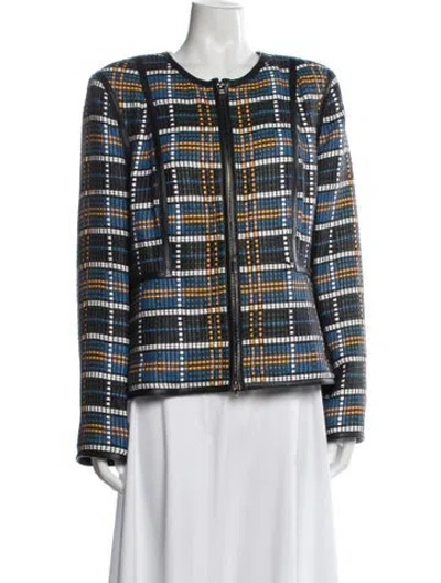Pre-owned Escada Lamb Leather Plaid Print Jacket In Blue