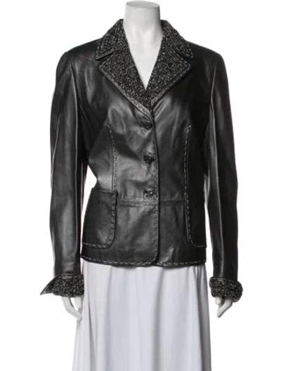 Pre-owned Escada Lamb Leather Tweed Pattern Blazer In Grey