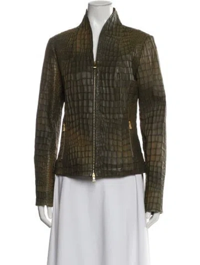 Pre-owned Escada Leather Animal Print Blazer In Green